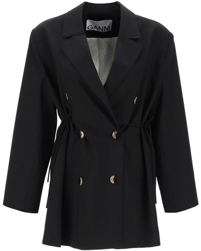 Ganni Double-breasted Blazer With Self-tie Strings - Black