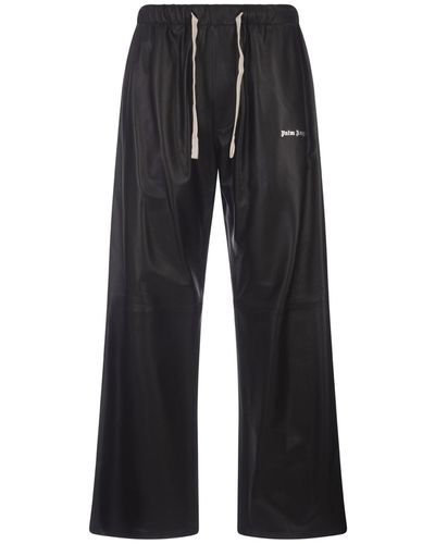 Palm Angels Wide Leather Trousers With Logo - Black