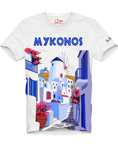 Mc2 Saint Barth Cotton T-Shirt With Mykonos Postcard Print - Blue