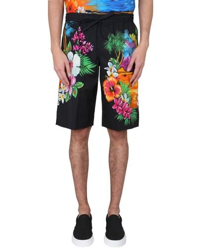 Dolce & Gabbana Bermuda Shorts With Hawaii Print - Black