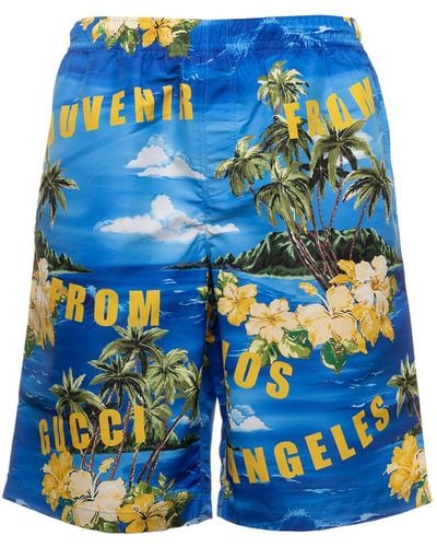 Gucci Light- Swim Shorts With All-Over Graphic Print - Blue