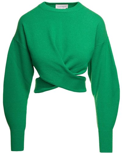 Alexander McQueen Cropped Sweater With Twisted Detail And Balloon Sleeves In Cashmere And Wool - Green