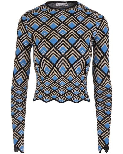 Rabanne Black Long Sleeve Top With Blue, Gold And Silver Geometric Pattern
