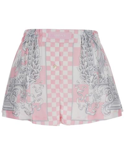 Versace Bermuda Shorts With Baroque Chessboard Print - Pink