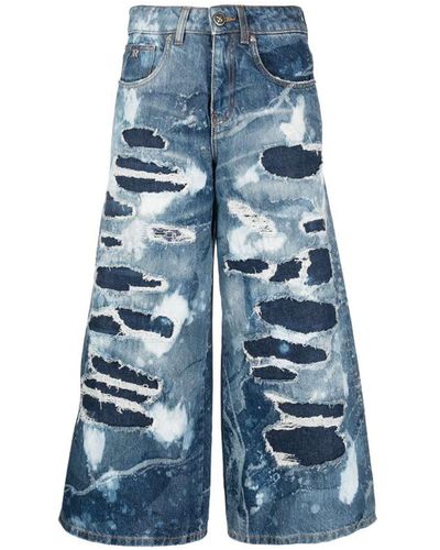John Richmond Wide Leg Jeans With Used Effect Decoration - Blue