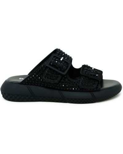 Elena Iachi Leather Flat Sandals With Swarovsky - Black