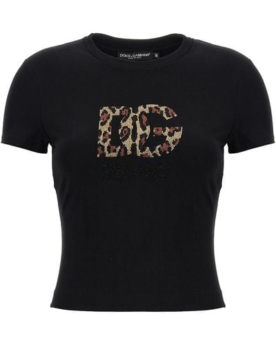 Dolce & Gabbana Rhinestone Logo Cotton T Shirt - Black