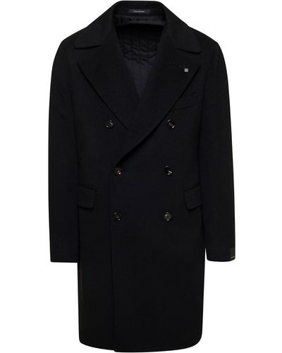 Tagliatore Black Double-breasted Coat With Logo Pin In Cashmere Man