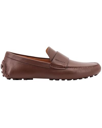 Ferragamo Rounded Toe Leather Loafers - Brown
