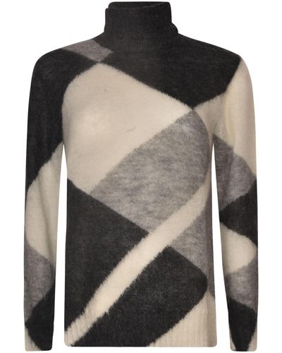 P.A.R.O.S.H. Round Neck Fur Applique Colourblock Sweater - Black