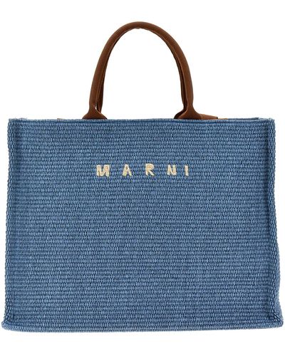 Marni Large Shopping Bag With Logo Embroidery - Blue