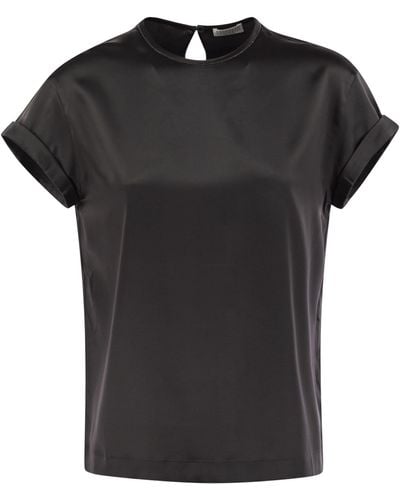 Brunello Cucinelli Stretch Silk Satin T-Shirt With Necklace - Black