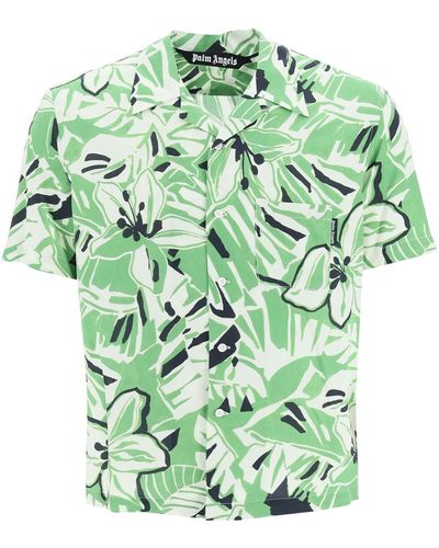 Palm Angels Bowling Shirt With Macro Hibiscus Print - Green