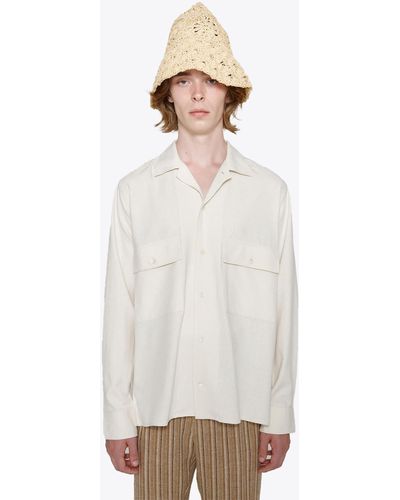 Cmmn Swdn Long Sleeve Camp Collar Shirt In Raw Silk Natural Raw Silk Shirt With Long Sleeves - Egon - Multicolour