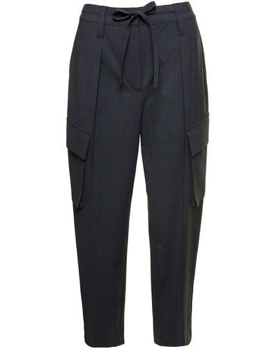 Brunello Cucinelli Gray 'cargo' Pants With Patch Pockets And Drawstring In Wool Woman - Blue