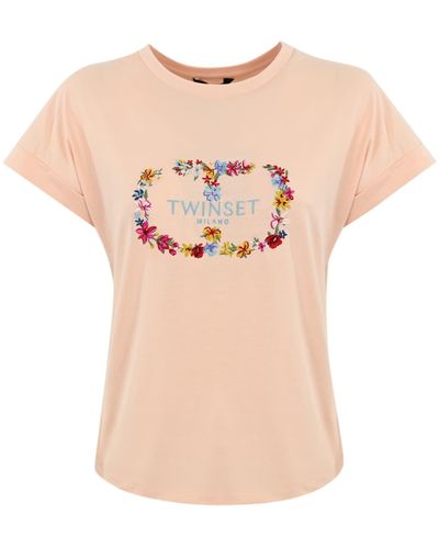 Twin Set T-Shirt With Floral Embroidery - Pink