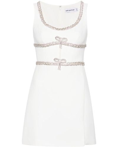 Self-Portrait Diamante Bow Trim Mini Dress - White