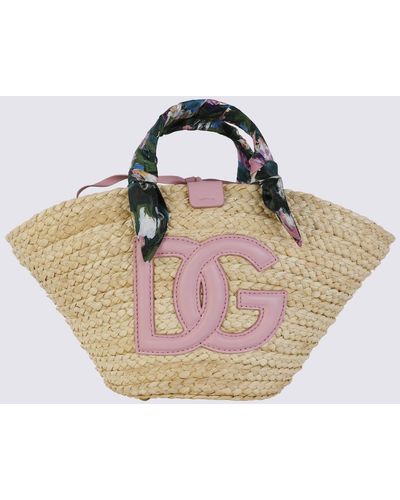 Dolce & Gabbana Pink And Natural Raffia Kendra Small Shopping Bag