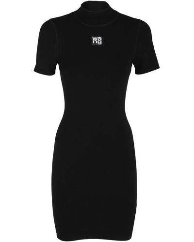 T By Alexander Wang Bodycon Crewneck Tee Dress W Logo Patch - Black