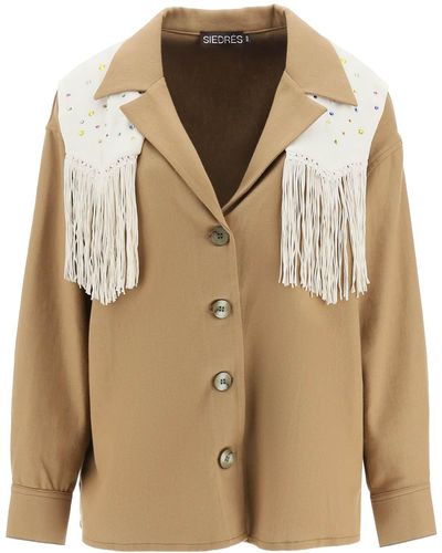 Siedres Overshirt With Embroidered Fringed Panel - Natural