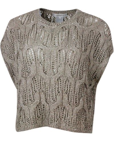 Antonelli Sleeveless Crew-Neck Sweater With Cable Knit Embellished With Cotton And Linen Microsequins - Gray