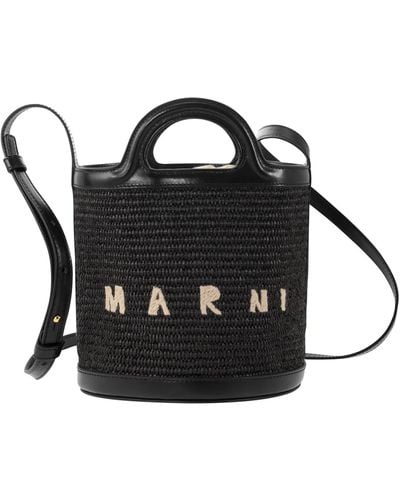 Marni Tropicalia Raffia And Calfskin Bucket Bag - Black