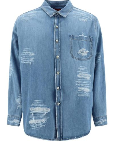 Fourtwofour On Fairfax Denim Distressed Shirt - Blue
