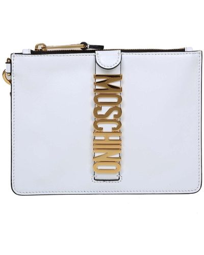 Moschino Clutch In Leather With Lettering Logo - White