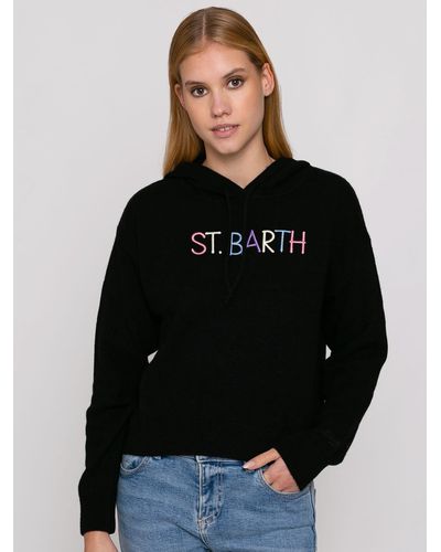 Mc2 Saint Barth Cropped Knit Hoodie With Saint Barth Embroidery - Black