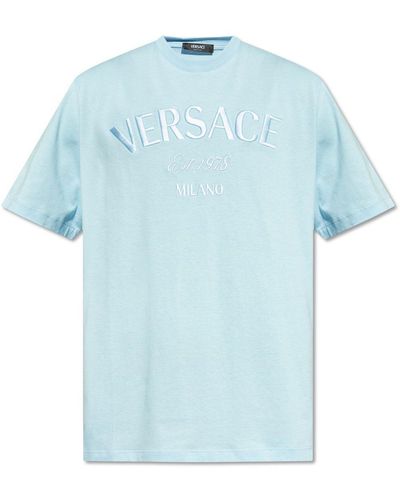Versace Logo-Embroidered Crewneck T-Shirt - Blue