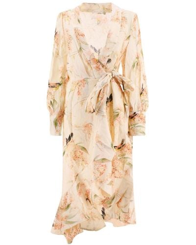 Zimmermann Floral Print Linen Wrap Midi Dress - Natural
