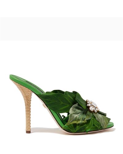 Dolce & Gabbana Keira Jungle Leaf Satin Mules - Green