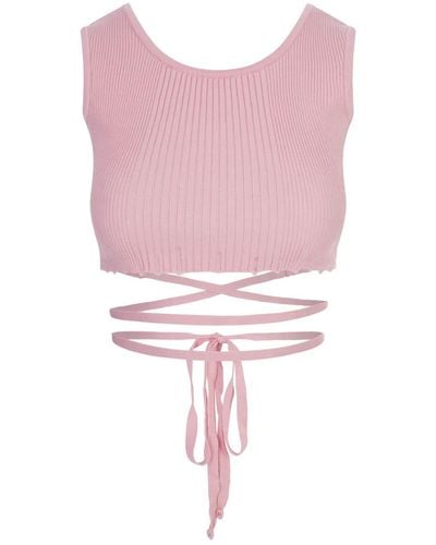 A PAPER KID Ribbed Knit Crop Top With Distressed Effect - Pink