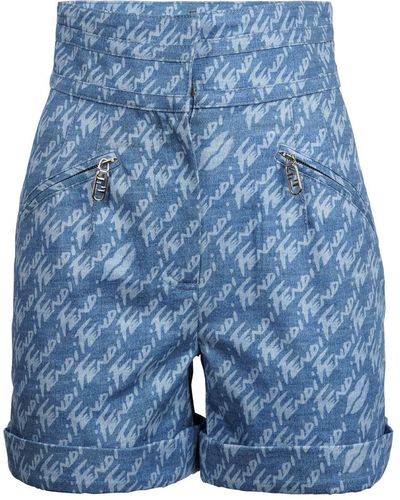Fendi Allover Printed High Waist Denim Shorts - Blue