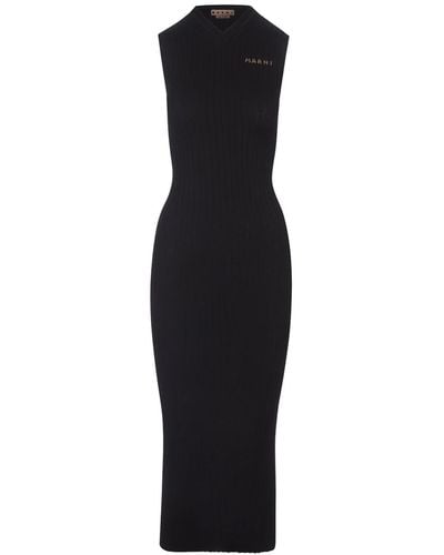 Marni Long Sleeveless Ribbed Knit Dress - Black