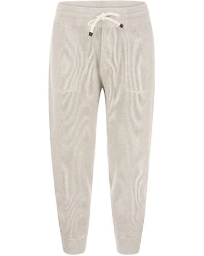 Brunello Cucinelli Cotton Rib Knit Joggers With Drawstring And Bottom Zip - Natural