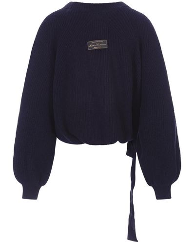 MSGM Crew Neck Pullover With Ribbon On The Bottom - Blue