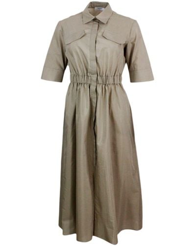 Barba Napoli Long Dress Made Of Cotton With Short Sleeves, With Elastic Waist And Button Closure. Welt Pockets - Natural