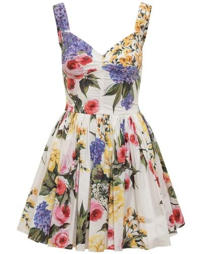 Dolce & Gabbana Short Bustier Dress In Cotton Poplin Garden Print - White