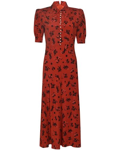 Alessandra Rich Rose Print Silk Dress - Red