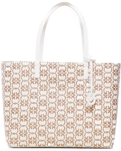 Pinko Love Birds Jacquard Logo Charm Tote Bag - White