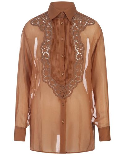 Ermanno Scervino Crepe Georgette Shirt With Lace - Brown