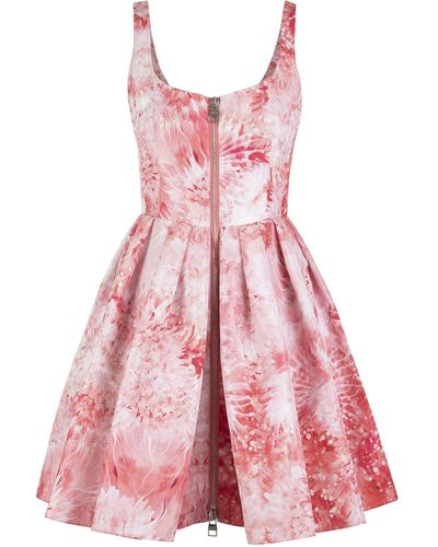 Alexander McQueen Woman Mini Dress In Polyfaille With Zip And Coral Print - Pink