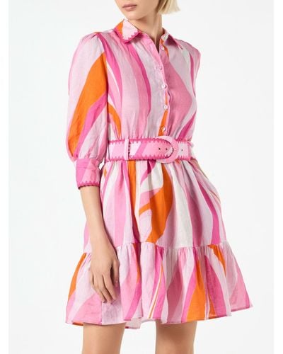 Mc2 Saint Barth Shape Wave Print Linen Short Dress Daisy - Pink
