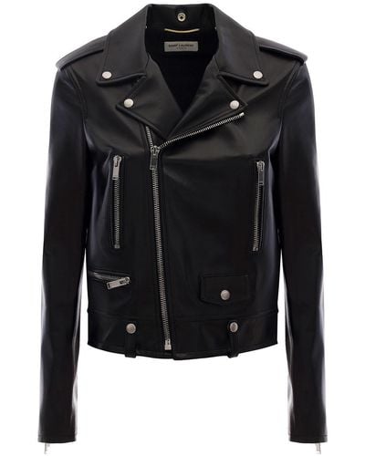 Saint Laurent Classic Motorcycle Jacket With Epaulets In Leather Woman - Black