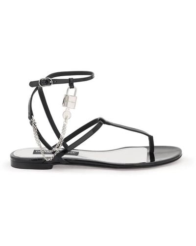 Dolce & Gabbana Patent Leather Thong Sandals With Padlock - White