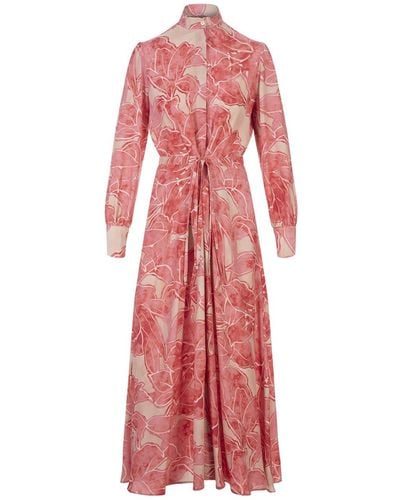Kiton Printed Silk Long Dress With Belt - Pink