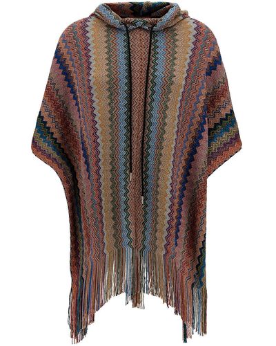 Missoni Multicolour Hooded Poncho With Zigzag Motif In Viscose Blend Woman