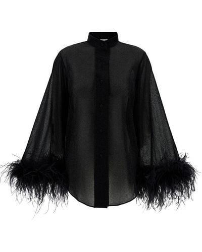 Oséree 'lumière' Black Relaxed Shirt With Tonal Feathers In Polyamide Blend Woman