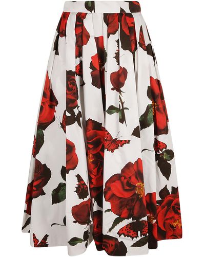 Alexander McQueen Rose Print Pleated Midi Skirt - Red